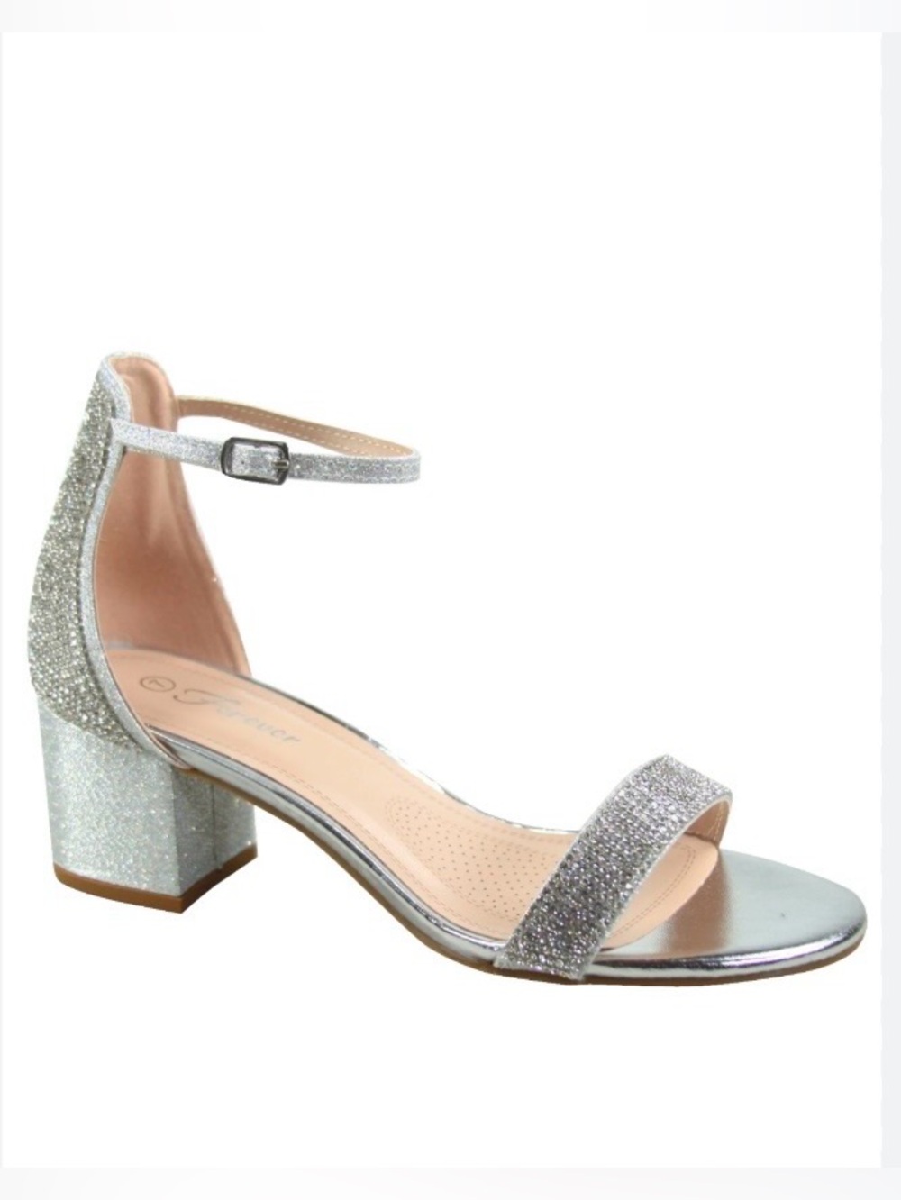Forever 21 Silver open Toe Rhinestone‎ Ankle
Strap Buckle Low Chunky Heels